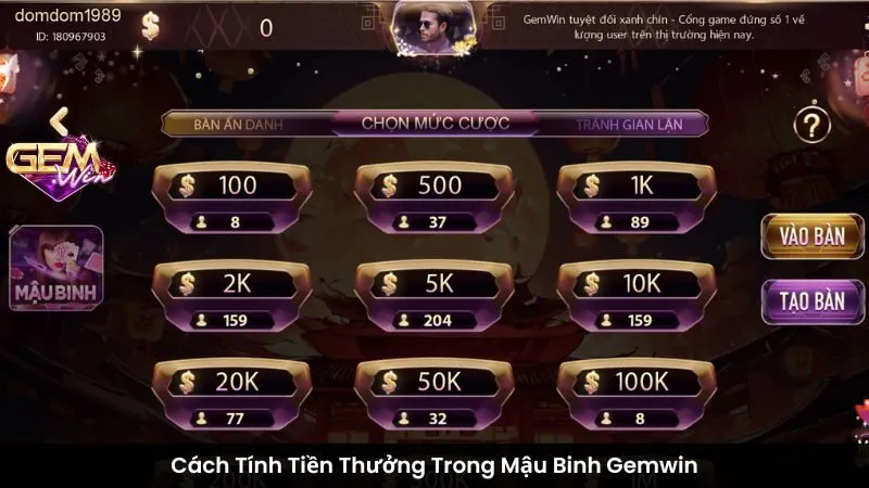 Cách Tính Tiền Thưởng Trong Mậu Binh Gemwin