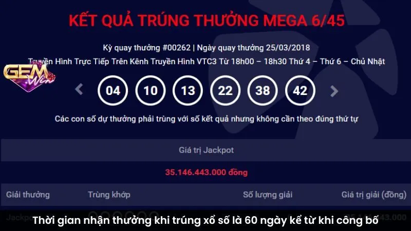 Thời gian nhận thưởng khi trúng xổ số là 60 ngày kể từ khi công bố