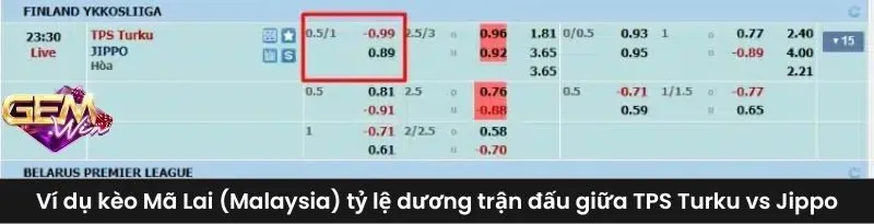 Ví dụ kèo Mã Lai (Malaysia) tỷ lệ dương trận đấu giữa TPS Turku vs Jippo